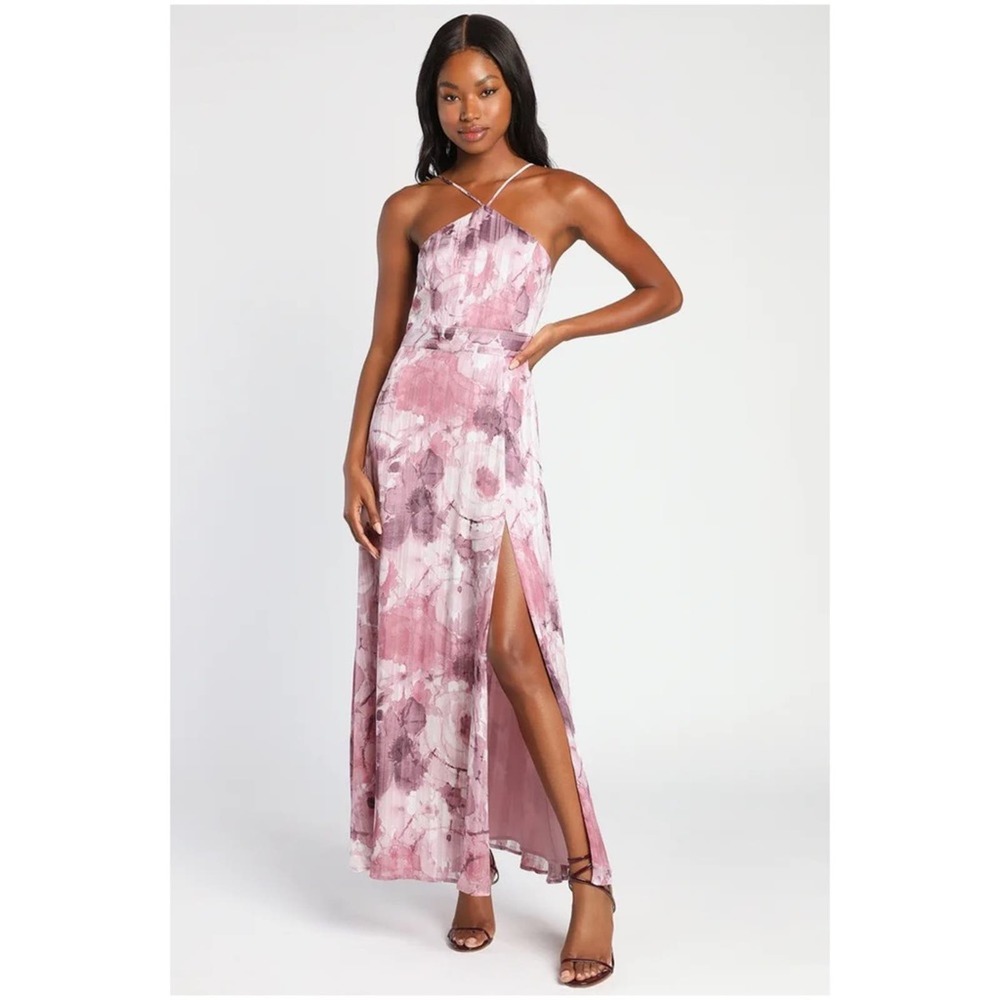 NWT Lulu’s Got to be Gorgeous Mauve Abstract Floral Halter Maxi Dress Gown M